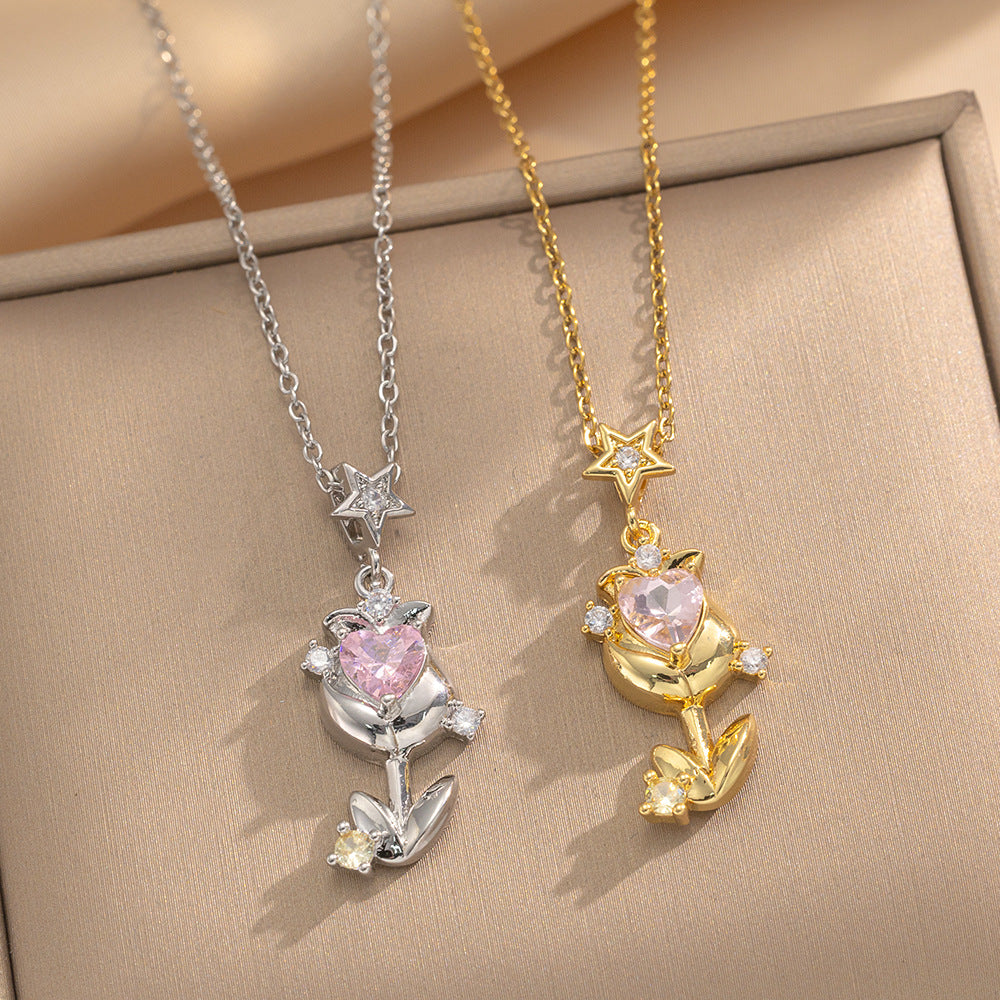 Minimalist Tulip-Shaped Zirconia-Encrusted Rose Gold Plated Titanium Steel Necklace for Women with O-Chain