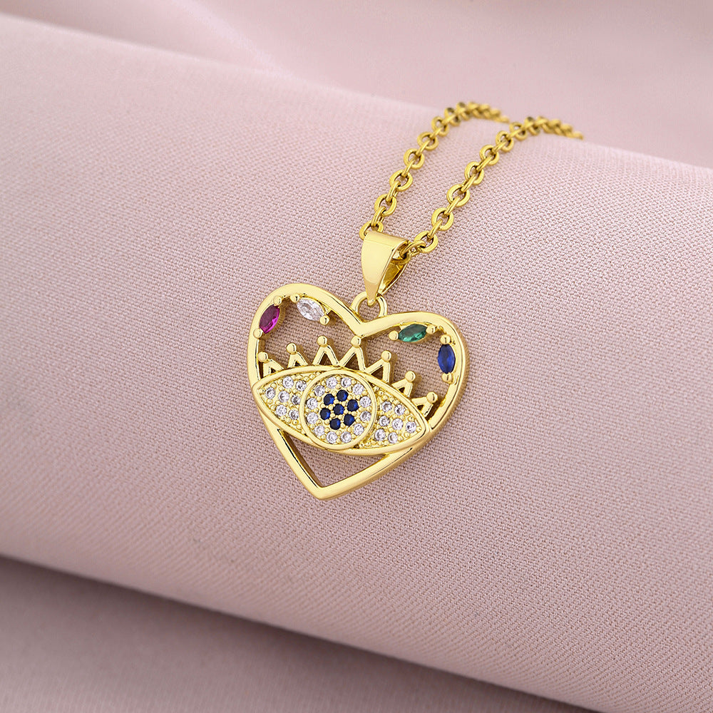 Elegante Collar con Colgante en Forma de Ojo para Mujer de Cobre con Baño de Oro de 18K y Circonitas Micro-Pavé en Cadena de Acero de Titanio