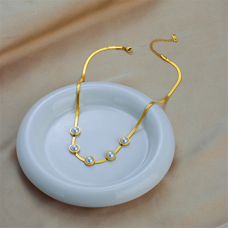 Minimalist Retro Geometric Titanium Steel Necklace with Pearl Accent on Snake Chain