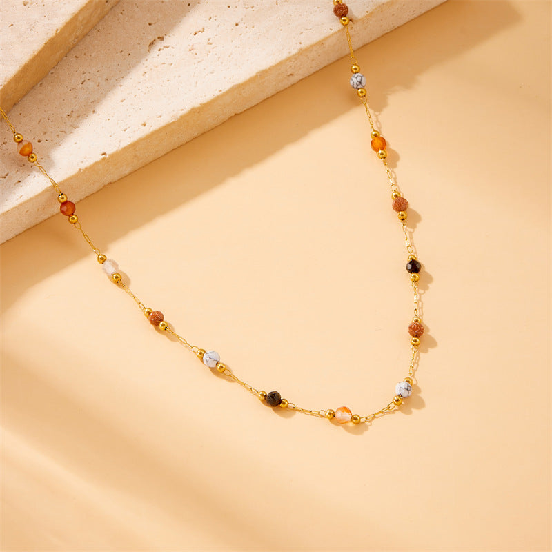 Vintage Fashion Geometric Colored Stone Beaded Stainless Steel Plated Necklace