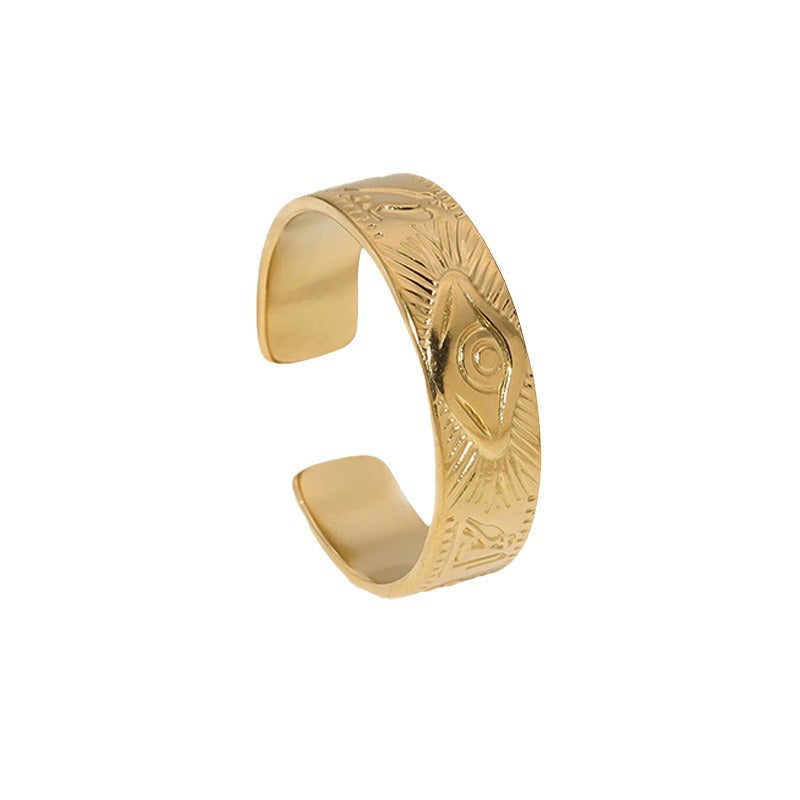 Anello Occhio di Horo Vintage Regolabile in Acciaio Inox con Placcatura Oro 18K e Finitura in Acciaio al Titanio
