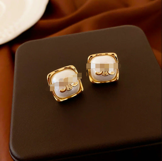 Vintage Geometric Earrings with Black Enamel and Pearl Accents on 925 Sterling Silver Posts