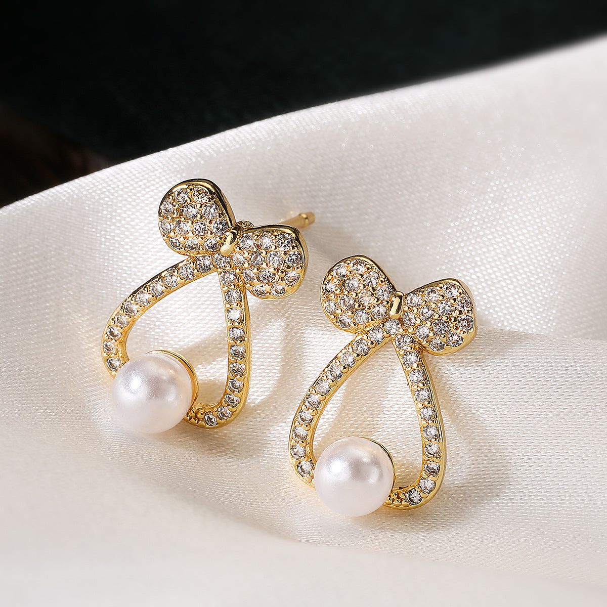 Geometric Bowknot Butterfly Earrings for Women with Copper Base Plated in Real Gold Micro-Paved Zirconia and Pearl Accents