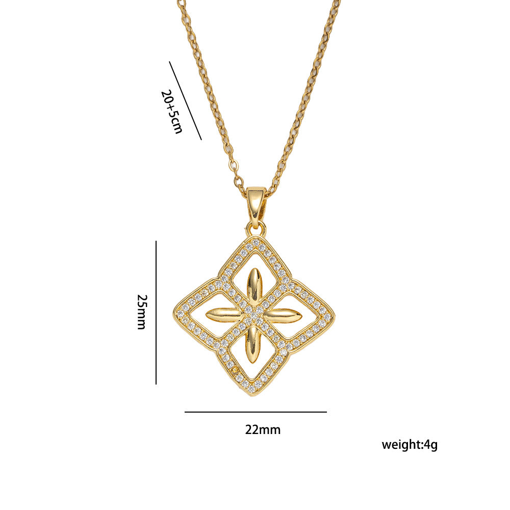 Luxury Minimalist Rhombus-Shaped Flower Pendant Necklace in 18K Gold Plated Titanium Steel with Cubic Zirconia on O-Chain for Women