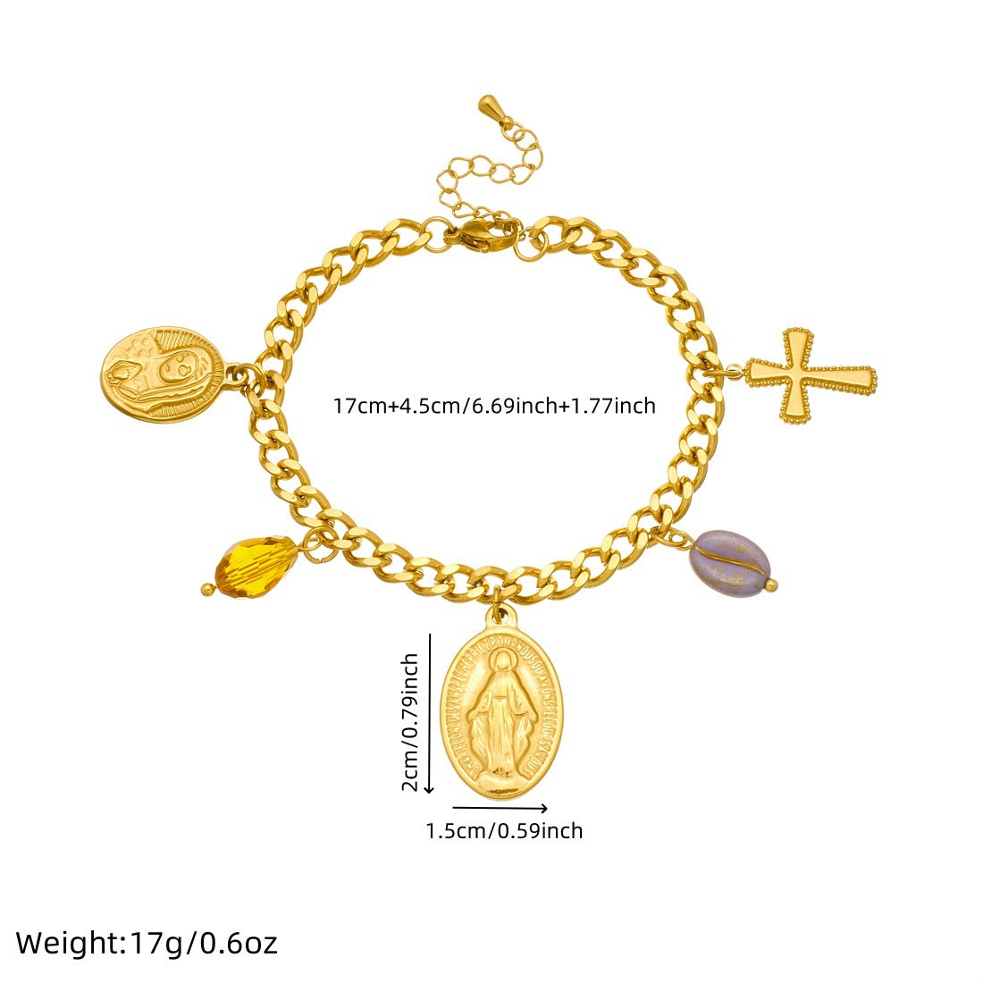 18K Gold Plated Oval Cross Relief Pendant Stainless Steel Serpentine Chain Jewelry Set for Women