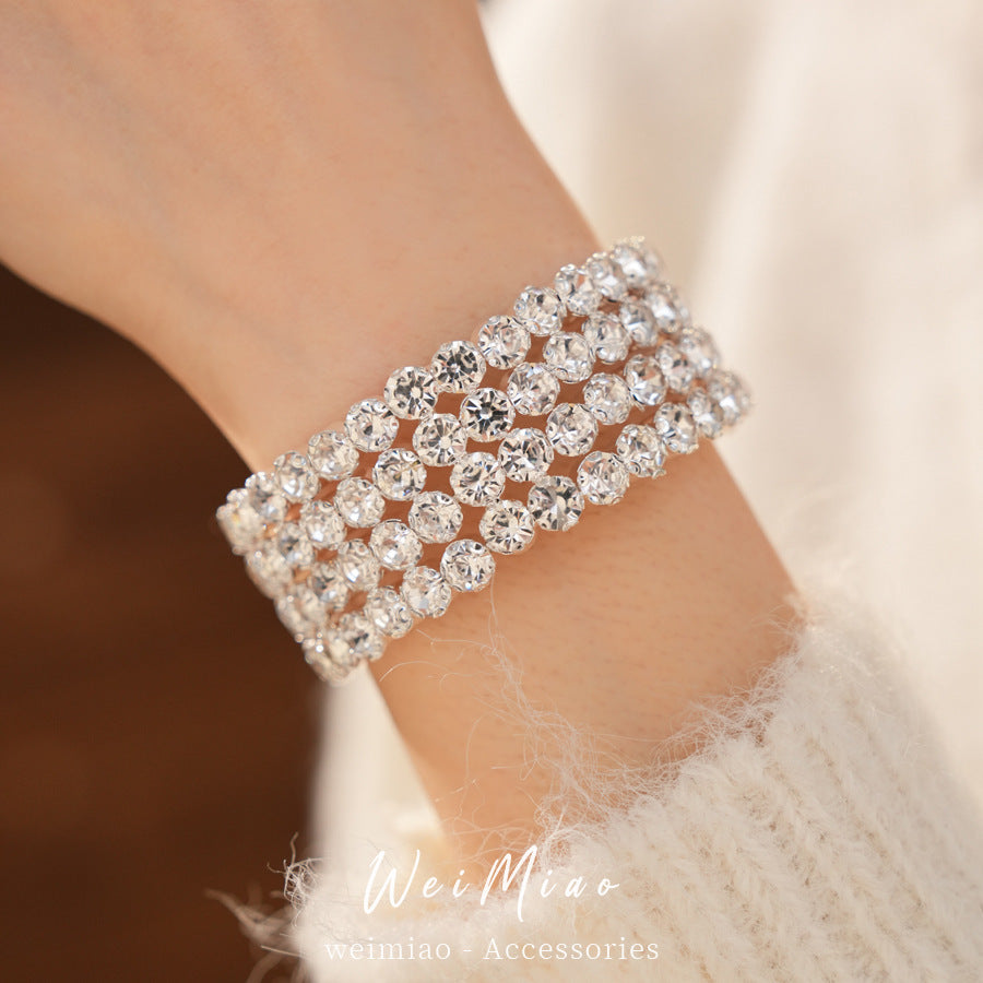 Luxury Elegant Round Rhinestone Inlaid Iron Open Cuff Bracelet for Women