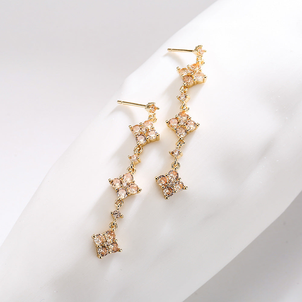 Geometric Dangle Stud Earrings for Women with Copper Base Plated in 18K Gold and Zircon Inlay