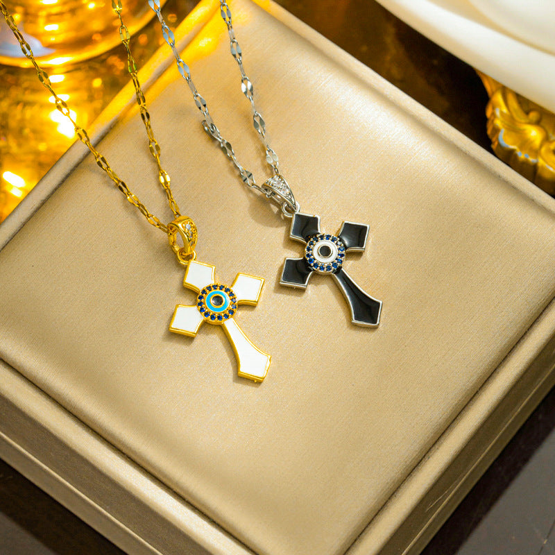 Vintage Geometric Enamel Cross Pendant Necklace for Women in Titanium Steel with Rhinestone Accents