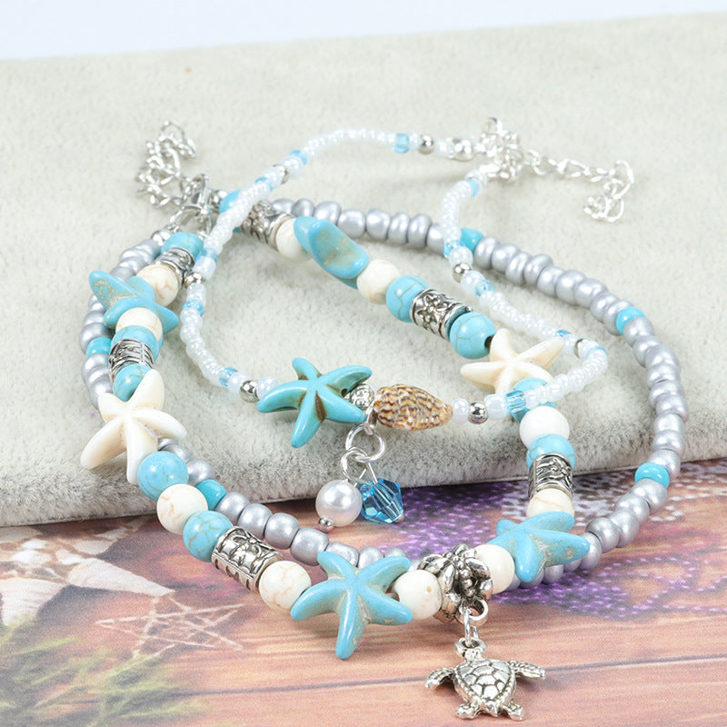 Vintage Alloy Starfish Turtle Anklet Set