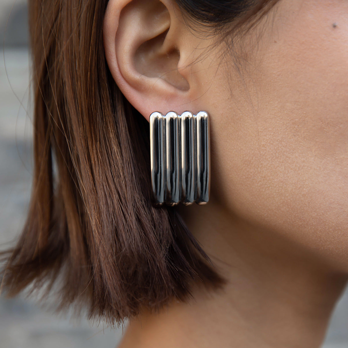 Minimalist 18K Gold Plated Stainless Steel Triple Ribbed Open Cuff Bracelet and Striped Earrings Set