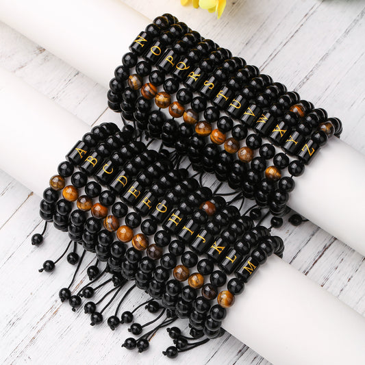 10mm Round Agate Beaded Bracelet with Alphabet Letters Adjustable Unisex