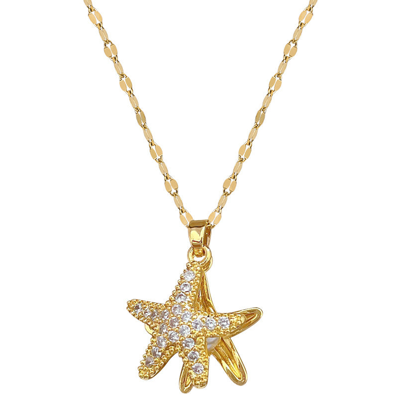 Luxury Titanium Steel Starfish Pearl Necklace with Full Rhinestone Inlay for Women, Geometric Design Delicate Clavicle Chain