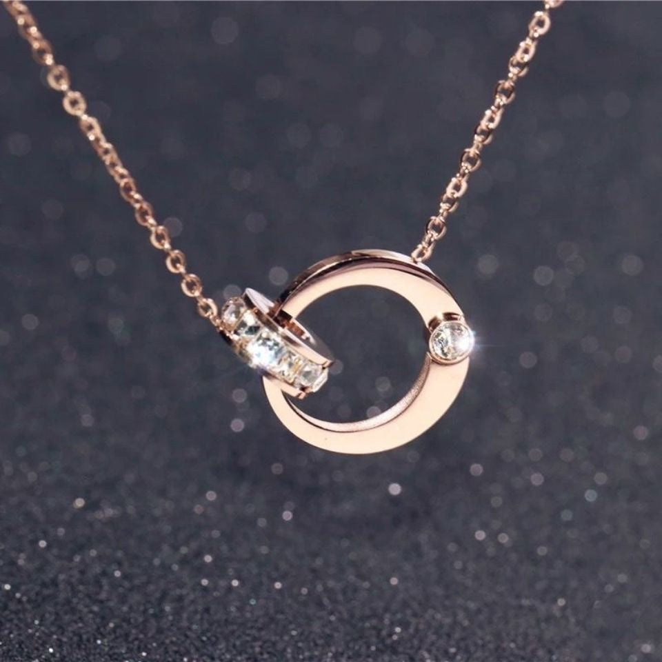 Minimalist Moon-Shaped Titanium Steel Double Ring Necklace for Women with Micro-Pavé Zirconia, Hypoallergenic Snake-Style O-Chain, Elegant Clavicle Chain