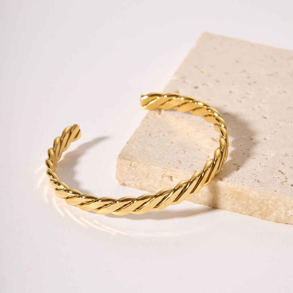 Minimalist Braided Open Bangle Bracelet in Stainless Steel with 18K Gold Plating for Women