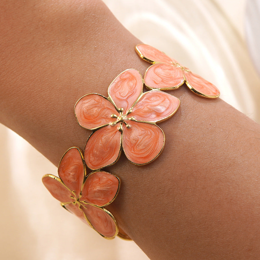 Geometric Floral Drip Oil Stainless Steel Open Cuff Bracelet for Women
