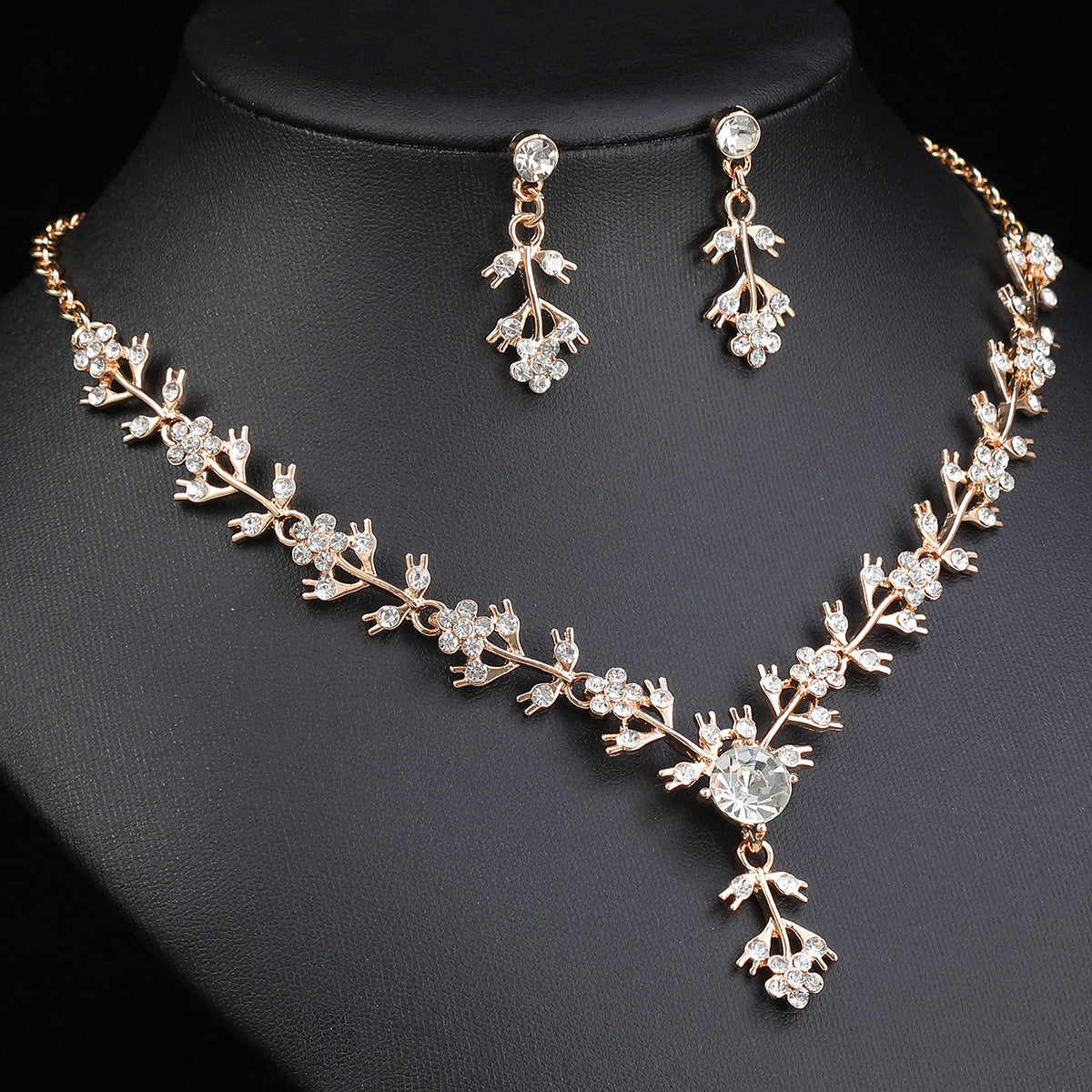 Elegant Luxury Floral Wedding Necklace and Earrings Set for Women with Alloy Pendant, Rhinestone Inlay, Plated Finish, and O-Chain