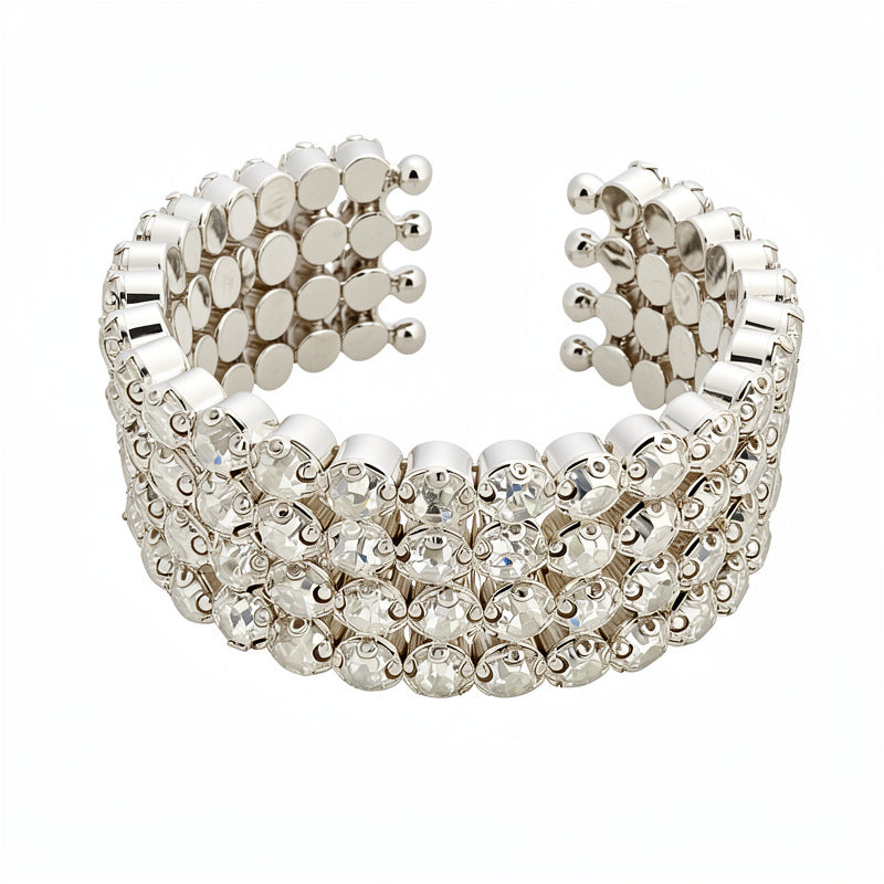 Luxury Elegant Round Rhinestone Inlaid Iron Open Cuff Bracelet for Women