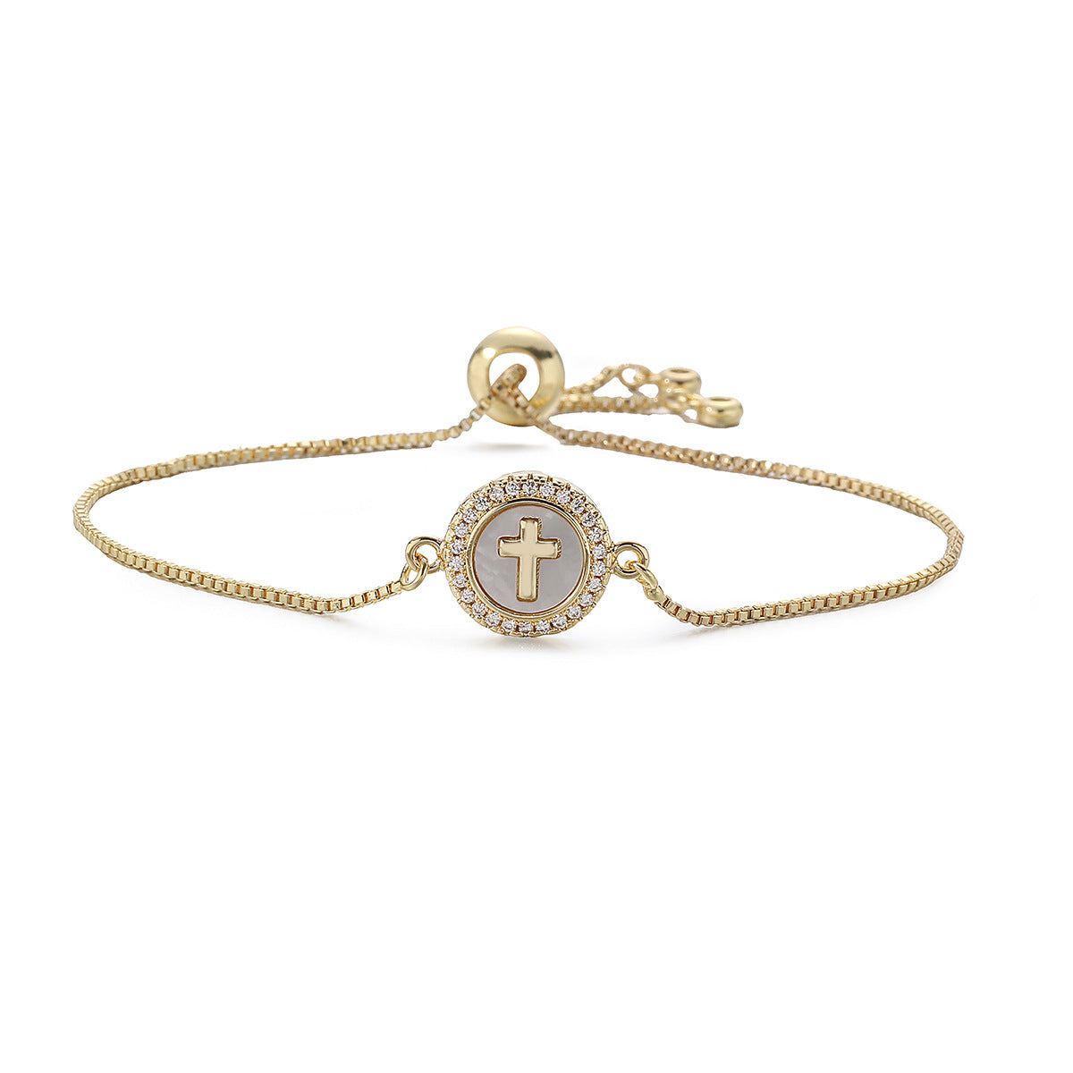 Minimalist 18K Gold Plated Brass Cross Heart Bracelet with Cubic Zirconia for Women