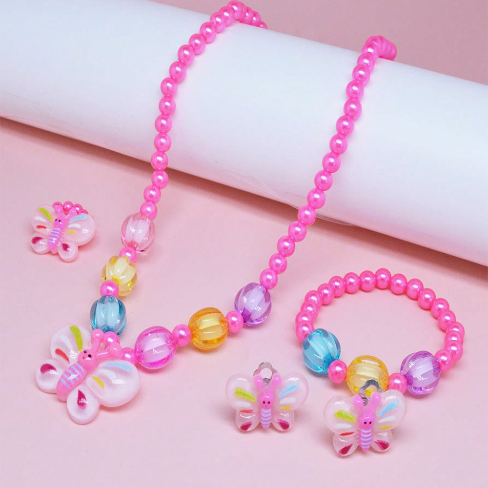Cartoon Butterfly-Shaped Resin Necklace for Kids with Round Bead Chain, Handcrafted Children's Jewelry Gift Set