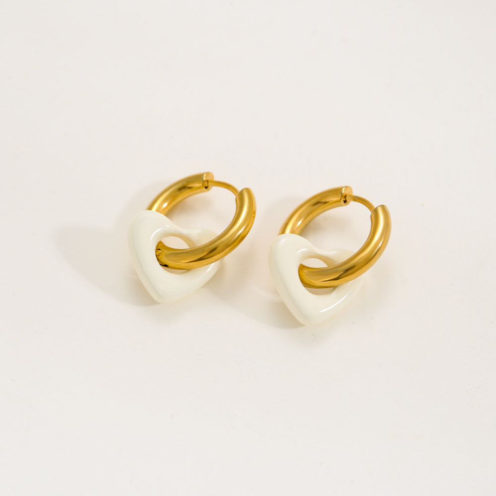 Orecchini a Cuore Minimalisti in Acciaio Inossidabile Stile Francese, con Smalto Dipinto a Mano e Placcatura in Oro 18K da Donna