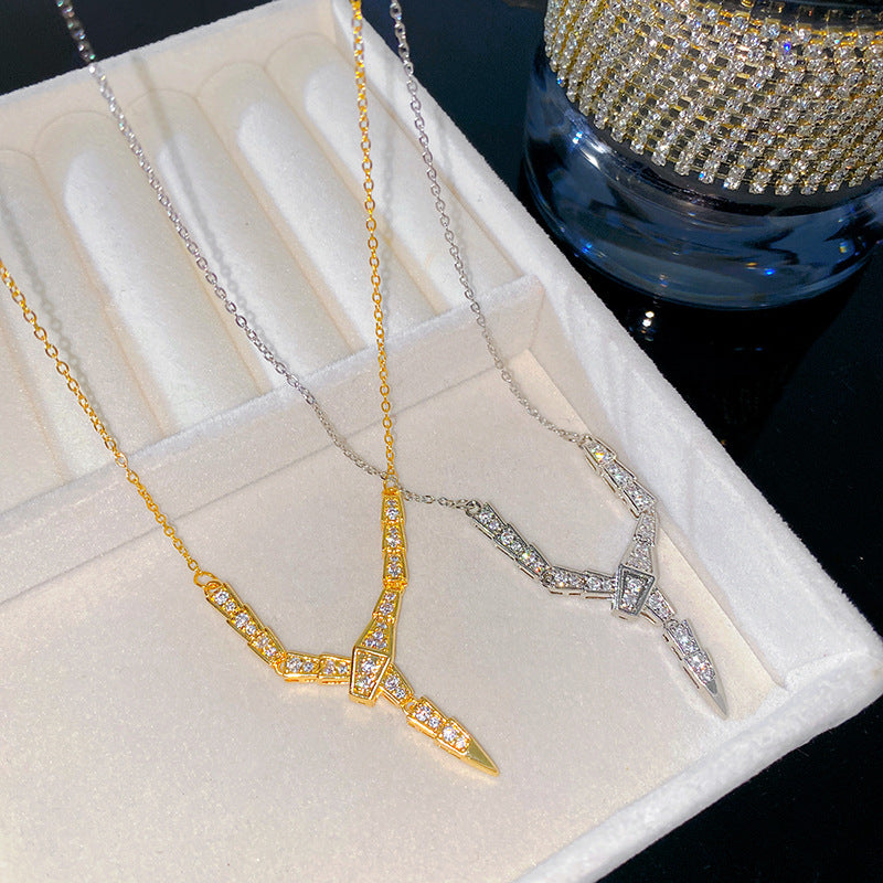 Vintage Minimalist Geometric Titanium Steel Plated Snake Chain Necklace with Cubic Zirconia