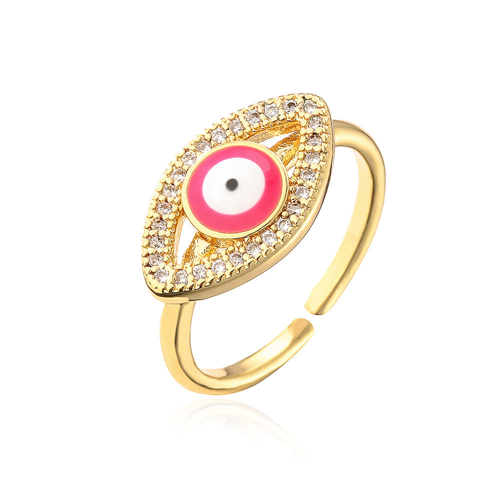 Fashion Geometric Open Ring for Women with Enamel Finish and Zircon Inlay in Copper Plated with Real Gold