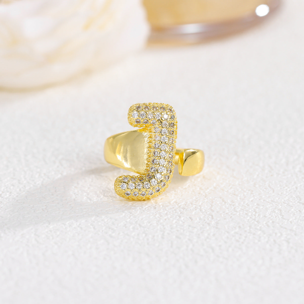 Sweet Plated Brass Letter Ring with Cubic Zirconia Adjustable Open Ring for Women and Men