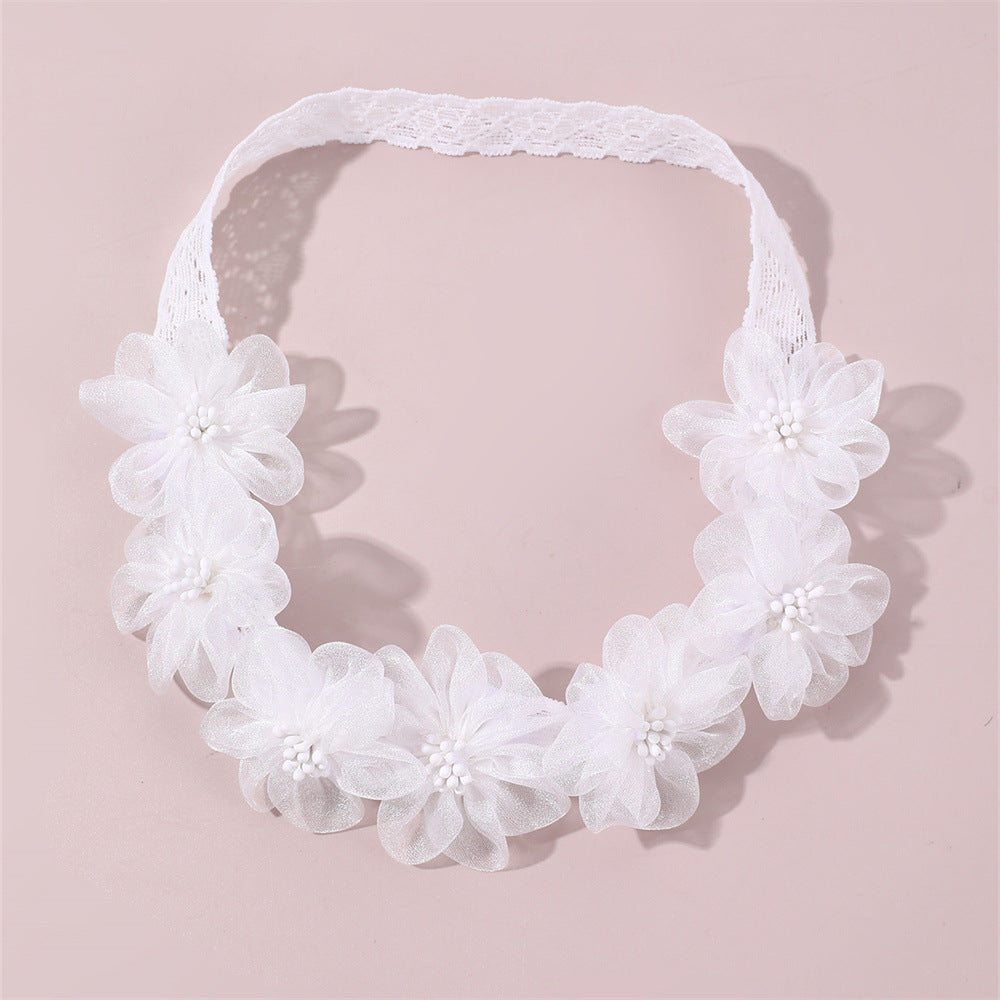 Cute Floral Hairband for Kids Made of Fabric with White Lace and Flower Embellishment