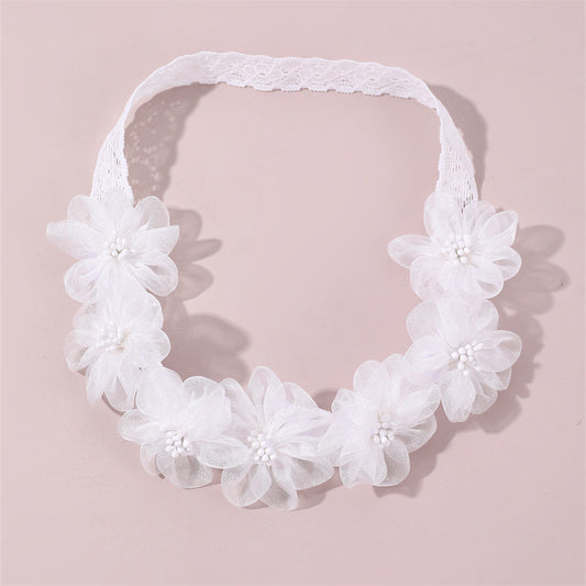 Cute Floral Hairband for Kids Made of Fabric with White Lace and Flower Embellishment