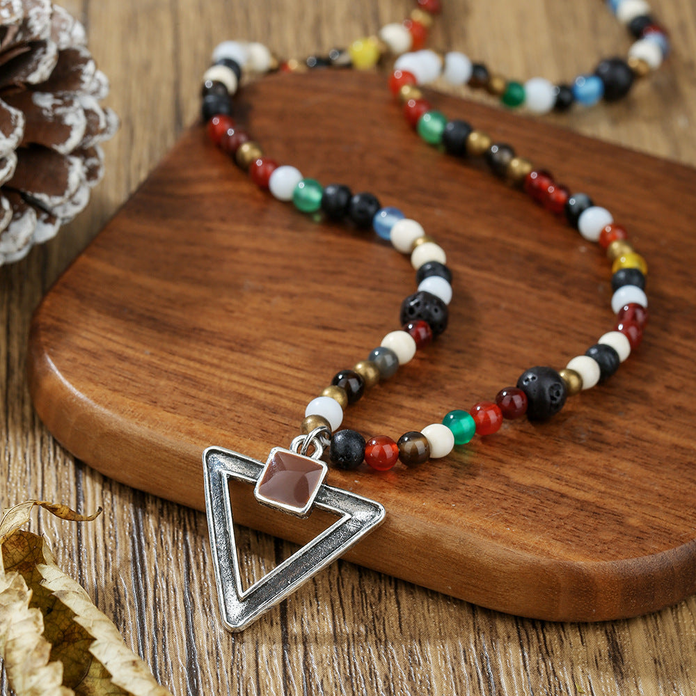 Ethnic Colorful Glass Bead Triangle Geometric Pendant Leather Alloy Necklace for Men and Women