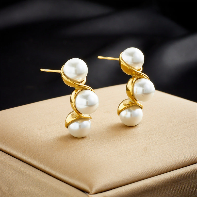 Minimalist Geometric Pearl Earrings in Stainless Steel with Plated Finish for Women