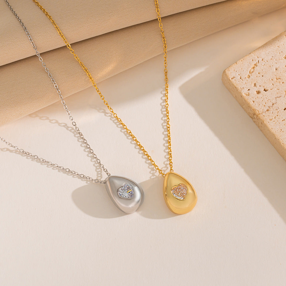 Minimalist Geometric Teardrop Pendant Necklace for Women Titanium Steel Snake Chain with Rhinestone Inlay and Vacuum Plating Finish