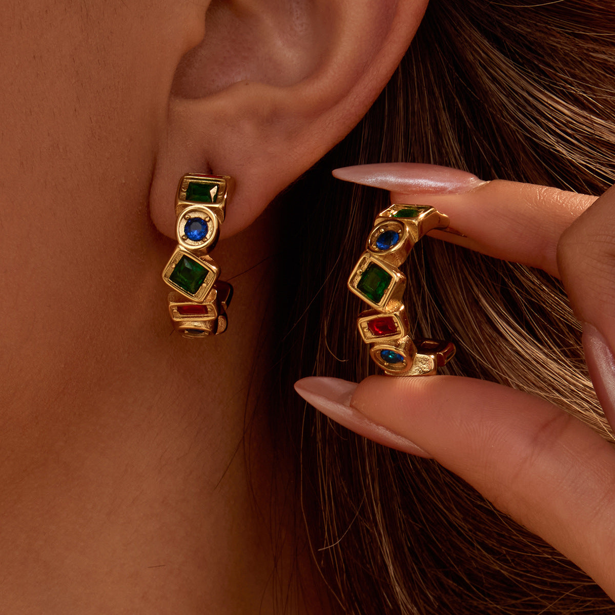 Vintage French-Style Geometric Stainless Steel Earrings with 18K Gold Plating and Colored Zircon Accents