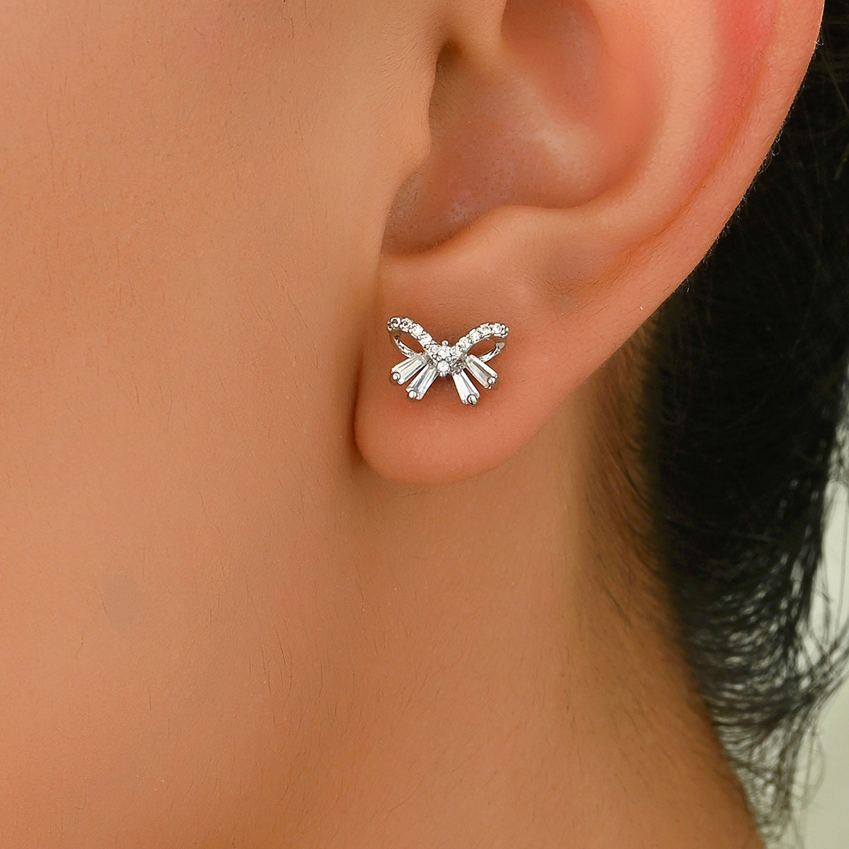 Minimalist Bow-Shaped Earrings with Zircon Inlay in Copper Base and Stainless Steel Posts for Women
