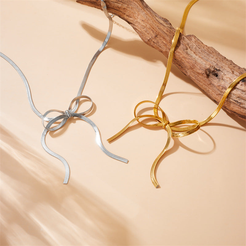 Minimalist Plated Stainless Steel Bow Snake Chain Necklace for Women