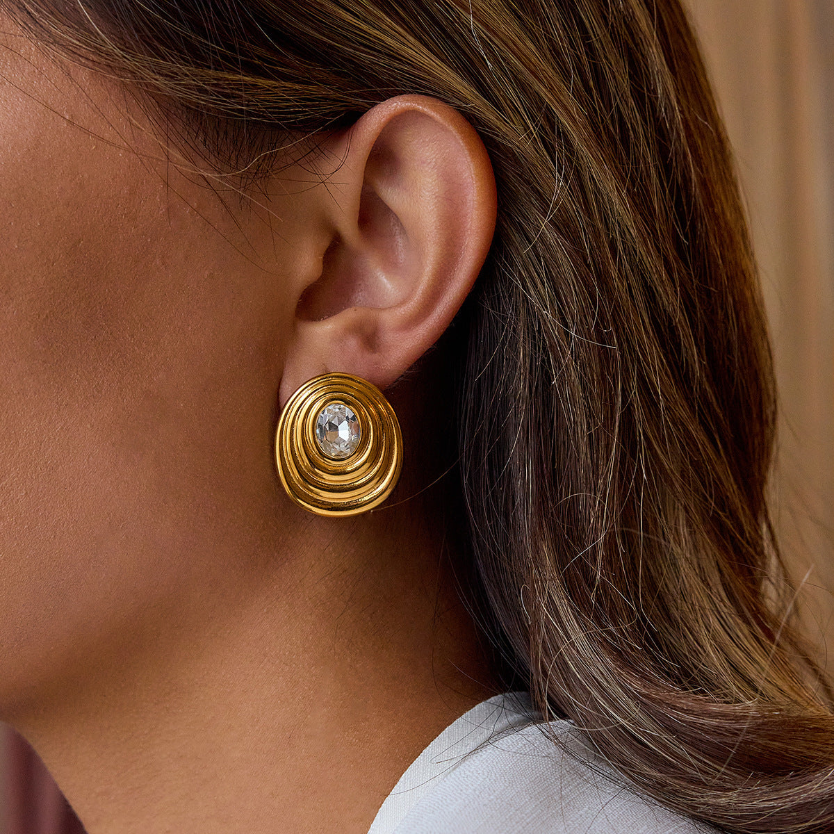 Pendientes de botón geométricos de acero inoxidable con incrustaciones de circonitas chapados para mujer, joyería de moda de lujo hipoalergénica