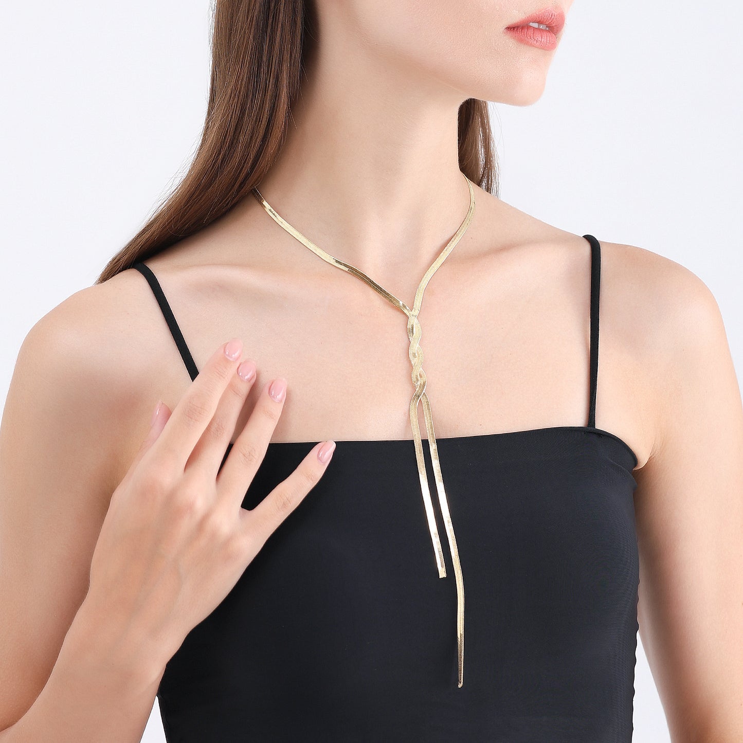 Minimalist Long Snake Chain Necklace for Women Geometric Shape Alloy Pendant with Tassel and Plated Finish