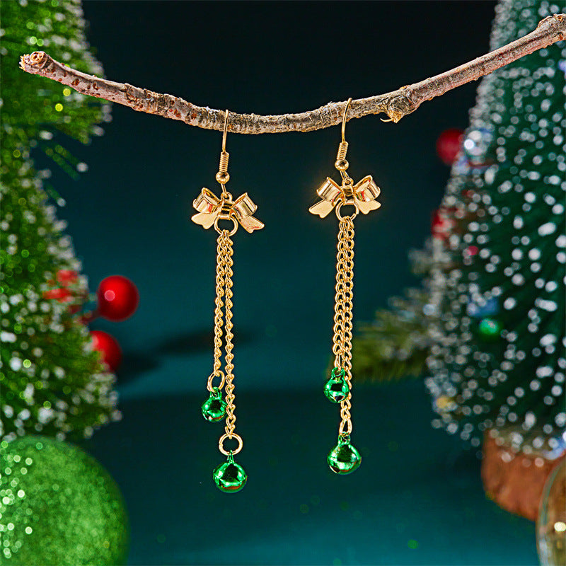 Pendientes de campana con lazo y borla navideños de moda para mujer, de aleación con acabado chapado