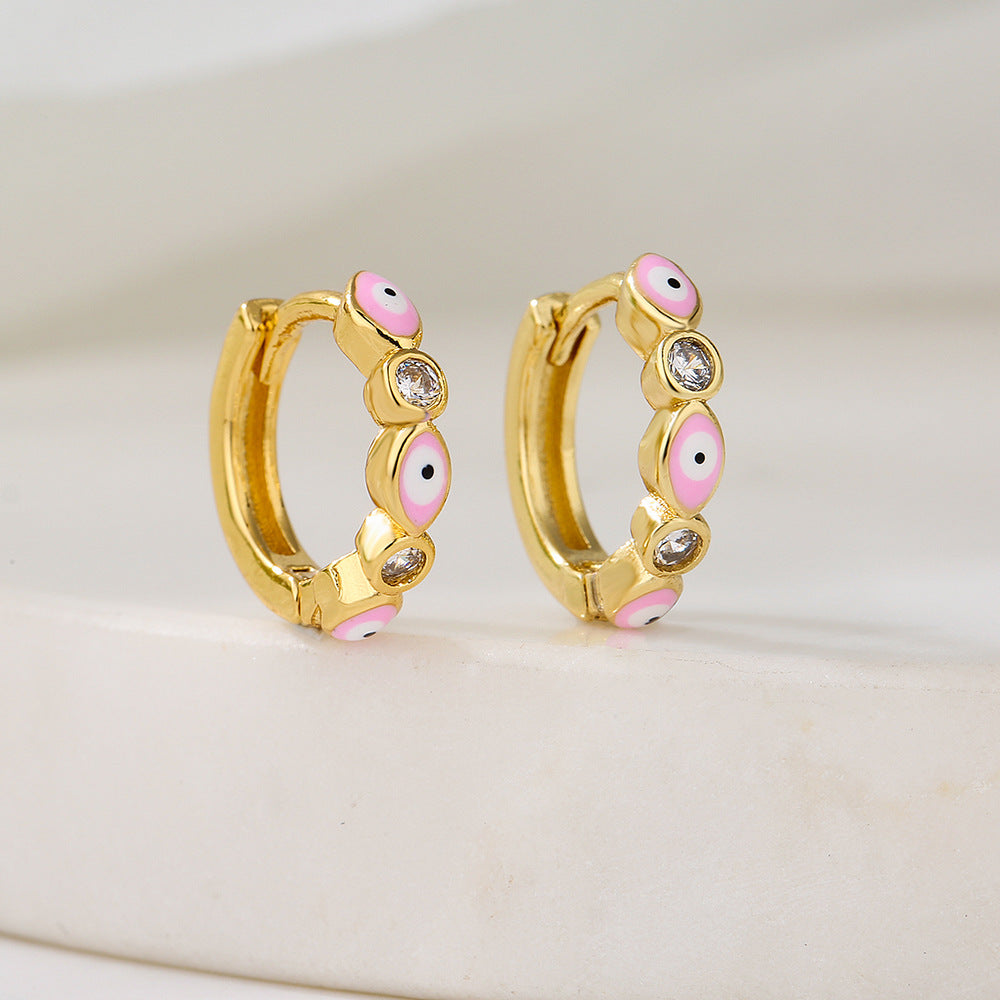 Orecchini a Cerchio Geometrici Minimalisti in Rame con Placcatura in Oro 18K e Design a Occhio di Allah in Zirconia Smaltata per Donna