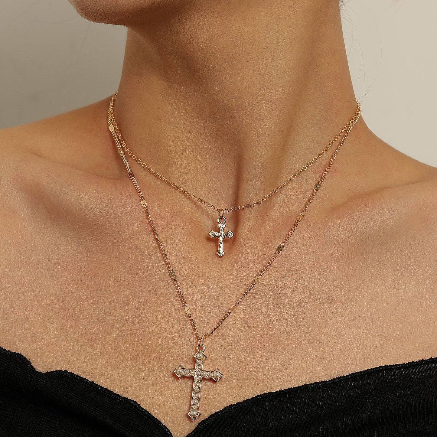 Minimalist Two-Tier Cross Pendant Necklace in Alloy with Plated Finish for Women