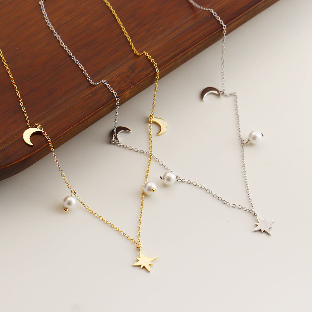 Elegante collar con colgante de perla de estrella y luna de plata de ley 925 con cadena chapada para mujer