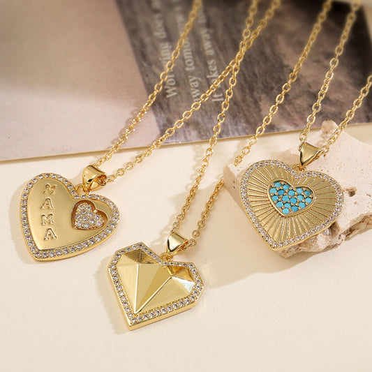 Vintage Minimalist 18K Gold Plated Brass Heart Cubic Zirconia Pendant Necklace for Women