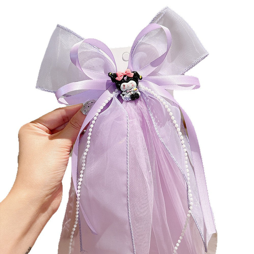 Fermaglio per capelli in tulle con fiocco in stile cartone animato per ragazze con design del personaggio Kuromi, accessorio per capelli per bambini a tema principessa con nastro e bordo in pizzo