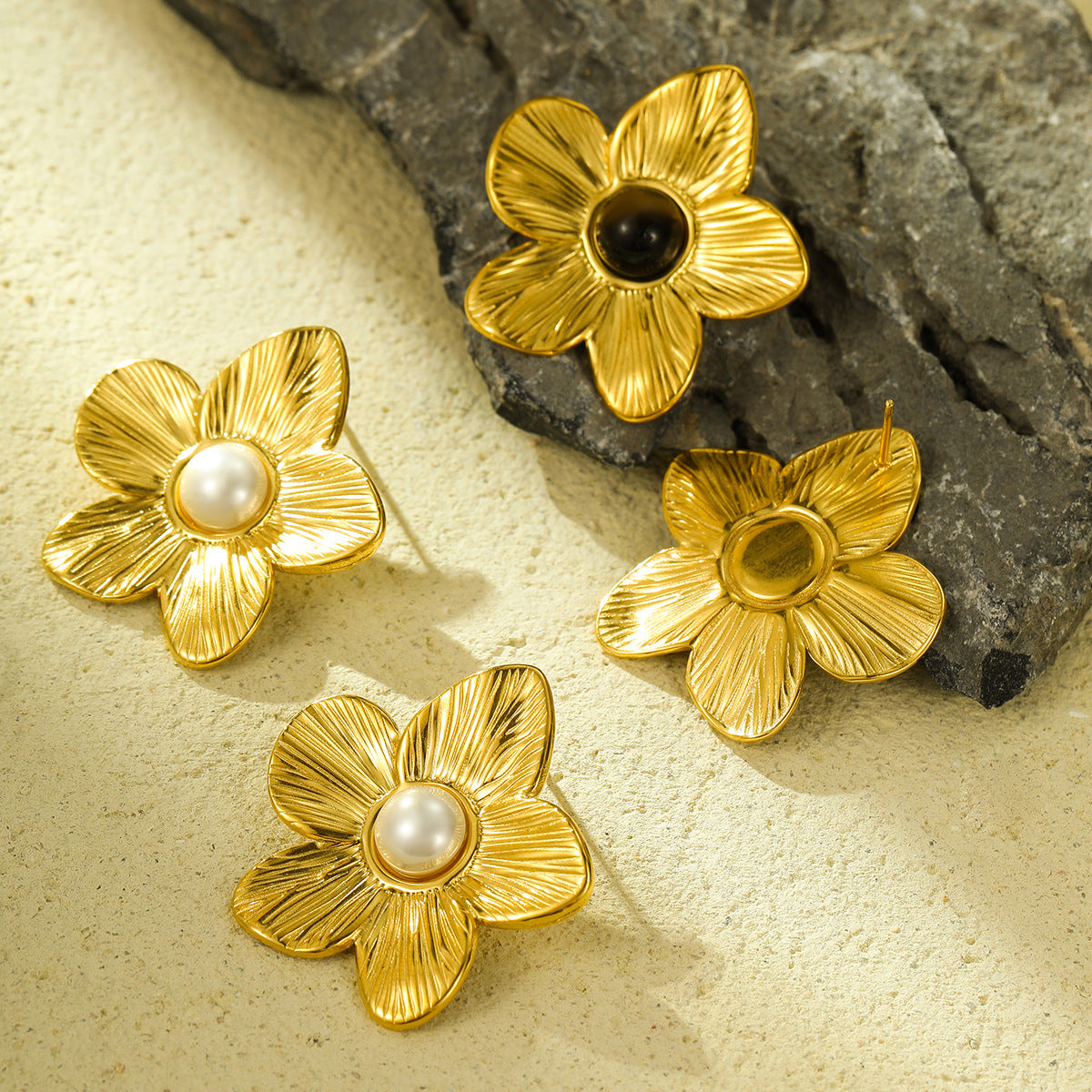 Pendientes de Acero Inoxidable con Forma de Flor Estilo Francés Vintage, Baño de Oro de 18K e Incrustaciones de Ojo de Tigre para Mujer