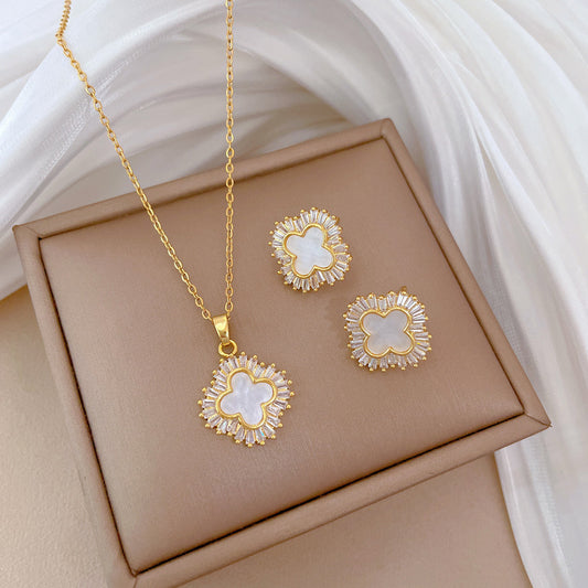 Luxury Titanium Steel Geometric Four-Leaf Clover Pendant Necklace and Earrings Set for Women Formal Occasion