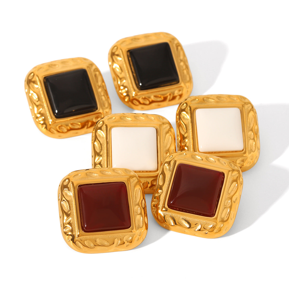 Retro French-Style Square Stainless Steel Hammered Texture Stud Earrings for Women with Agate Inlay, Hypoallergenic Plated Finish
