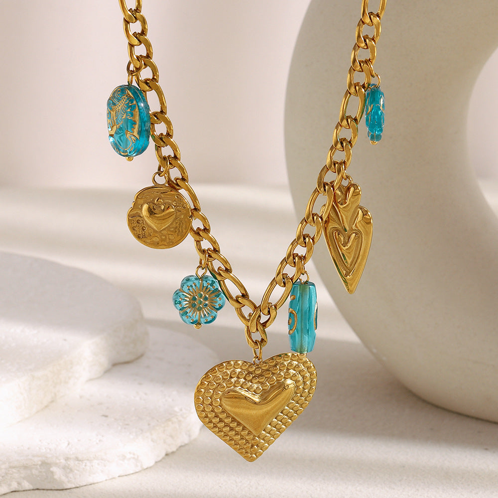 Minimalist Heart-Shaped Stainless Steel Plated 18K Gold Retro Polka Dot Pendant Necklace for Women