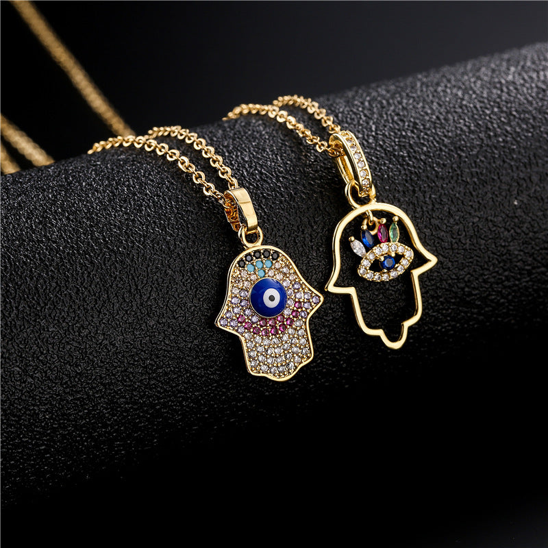 Minimalist Hand-shaped Pendant Necklace for Women in Copper with 18K Gold Plating and Enamel Finish, Set with Cubic Zirconia on O-Chain