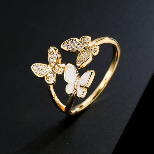 18K Gold Plated Brass Micro-Inlaid Cubic Zirconia Butterfly Ring for Women
