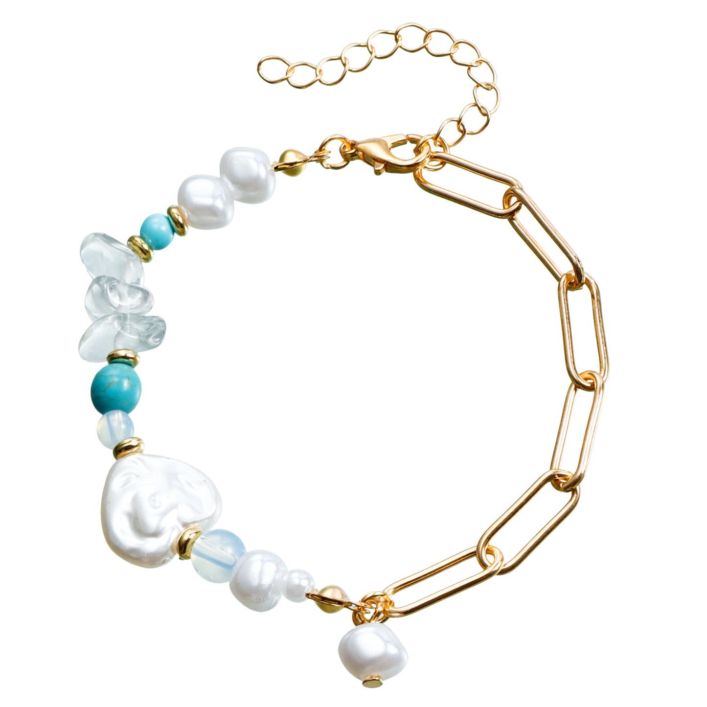 Fashion Minimalist Geometric Beaded Necklace with Imitation Pearls and Plated Metal Chain for Women